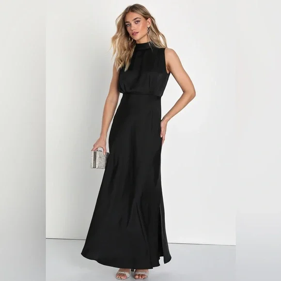 lulus classic elegance dress Lulu's Classic Elegance Wine Satin Sleeveless Mock Neck Maxi Dress Wedding Party